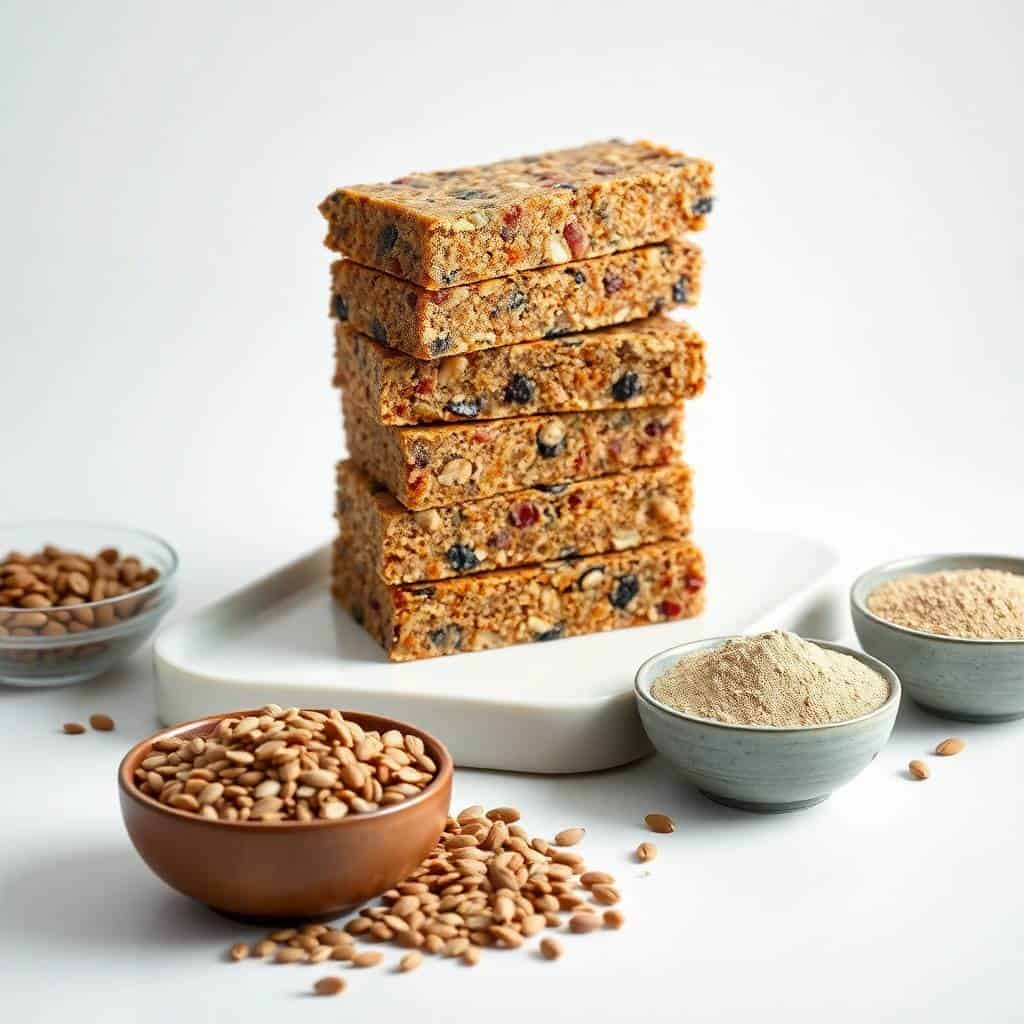 Stacked seed cycling protein bars with nuts and powder ingredients displayed on white plate.