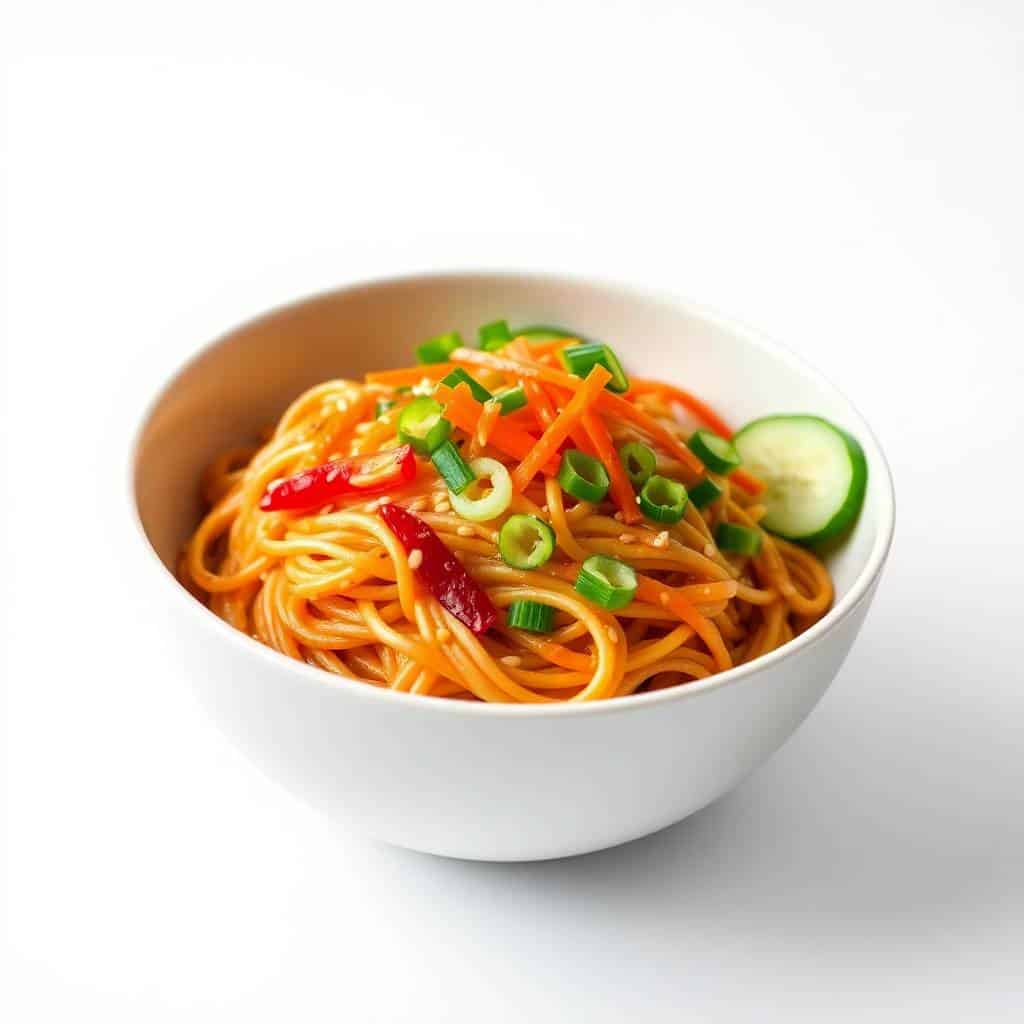 Sesame noodle bowl with orange noodles, red peppers, green onions, and cucumber in white bowl.