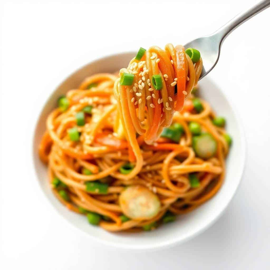 Sesame noodle bowl with tangled noodles, sesame seeds, green onions, and vegetables on white plate.