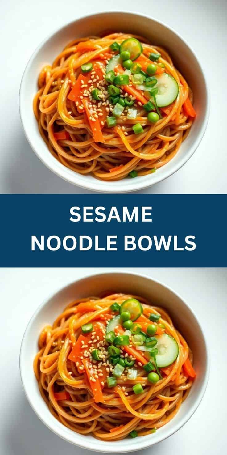 Two white bowls of sesame noodle bowls topped with sesame seeds, cucumber, and green onions.