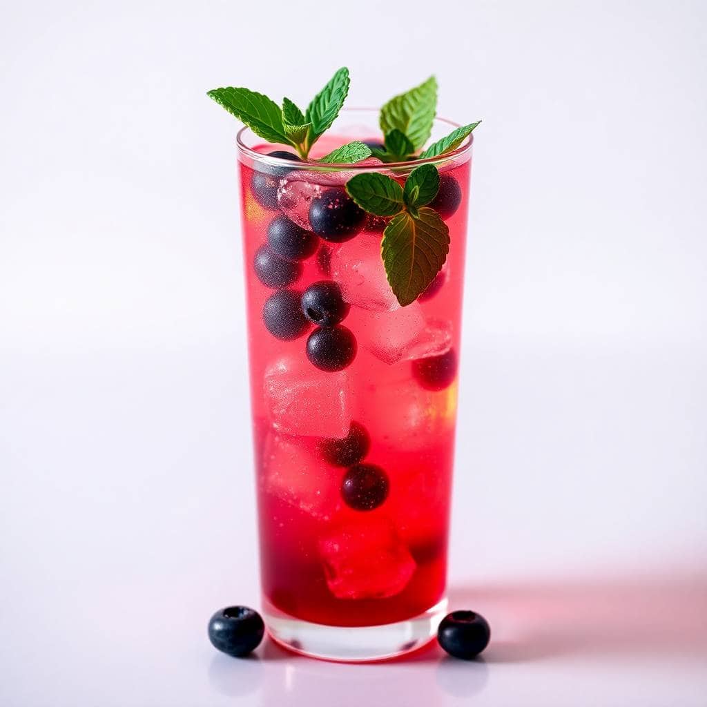 Sparkling patriotic punch served in tall glass with blueberries, ice, and fresh mint garnish.
