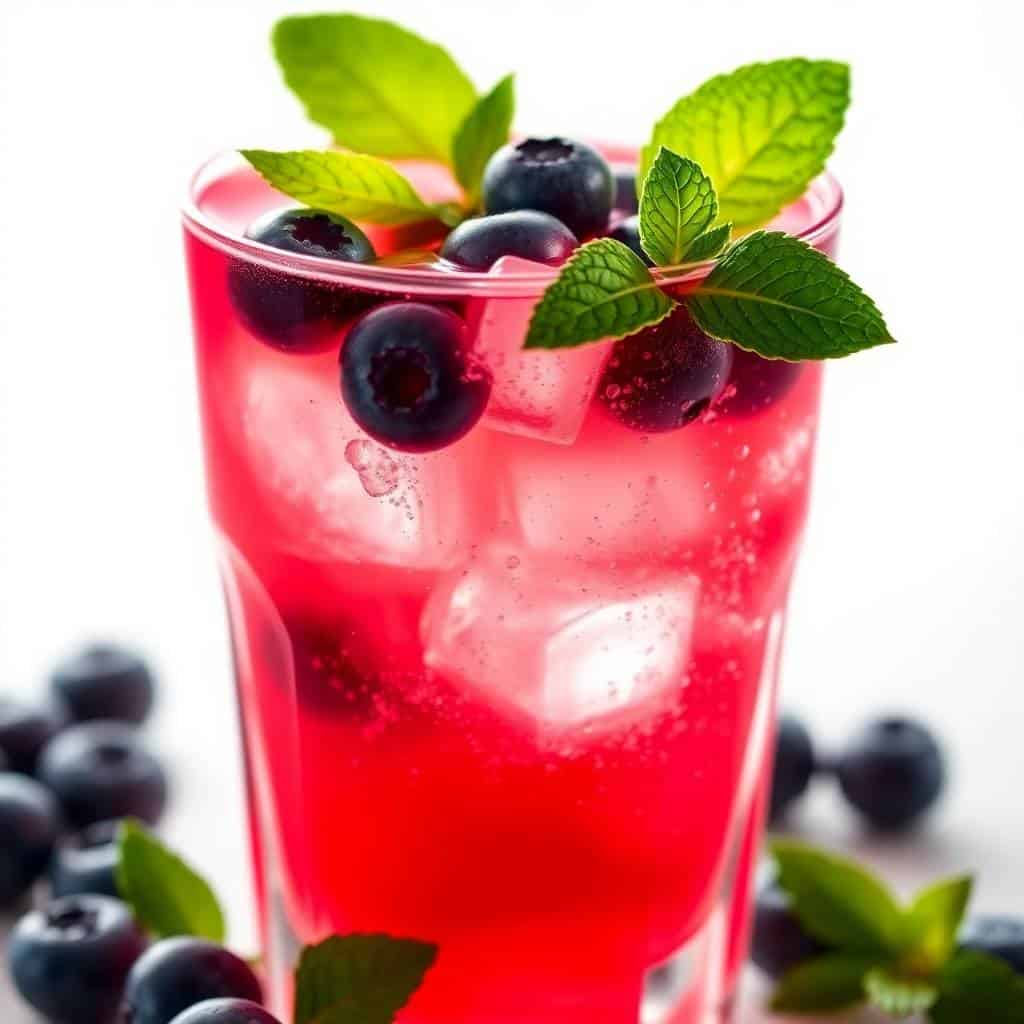 Sparkling patriotic punch in tall glass with ice, blueberries, and fresh mint garnish.