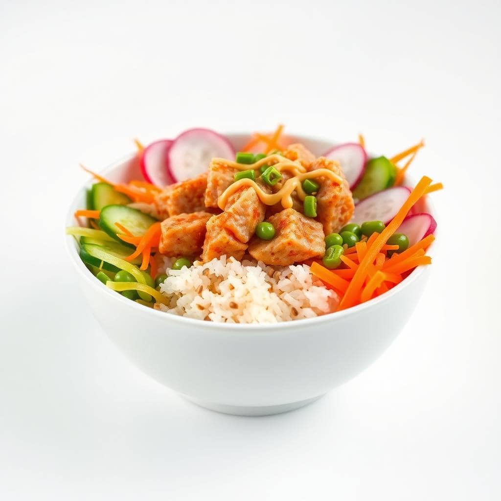 Spicy tuna sushi bowl with crispy rice, cucumber, radish, carrots, and green peas in white bowl.