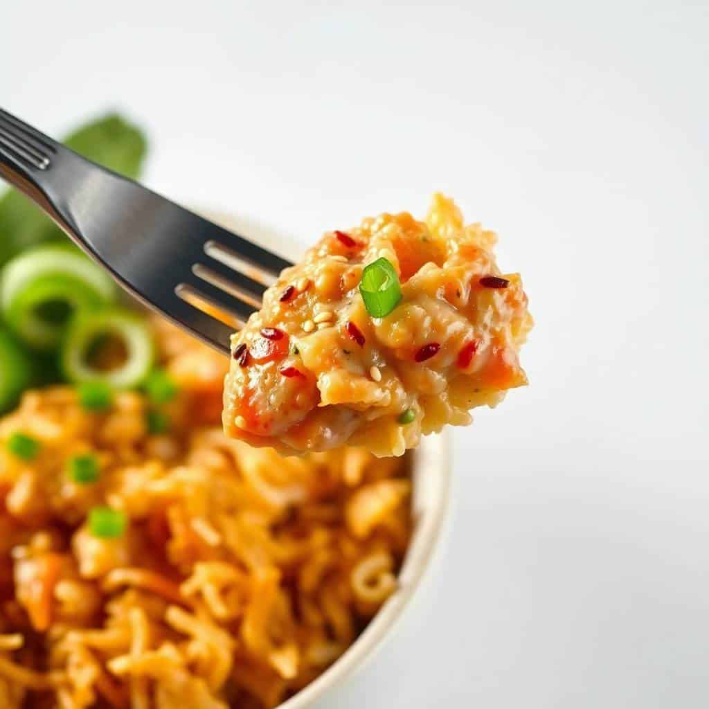 Spicy tuna sushi bowl with crispy rice on fork, garnished with green onions and red chili flakes.