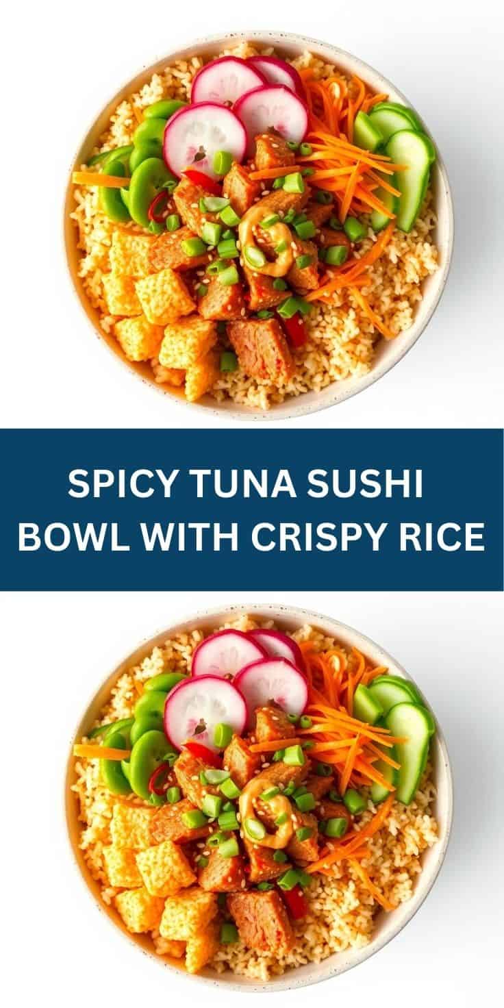 Spicy tuna sushi bowl with crispy rice, topped with radish slices, cucumber, shredded carrot, and green onions in white bowl.