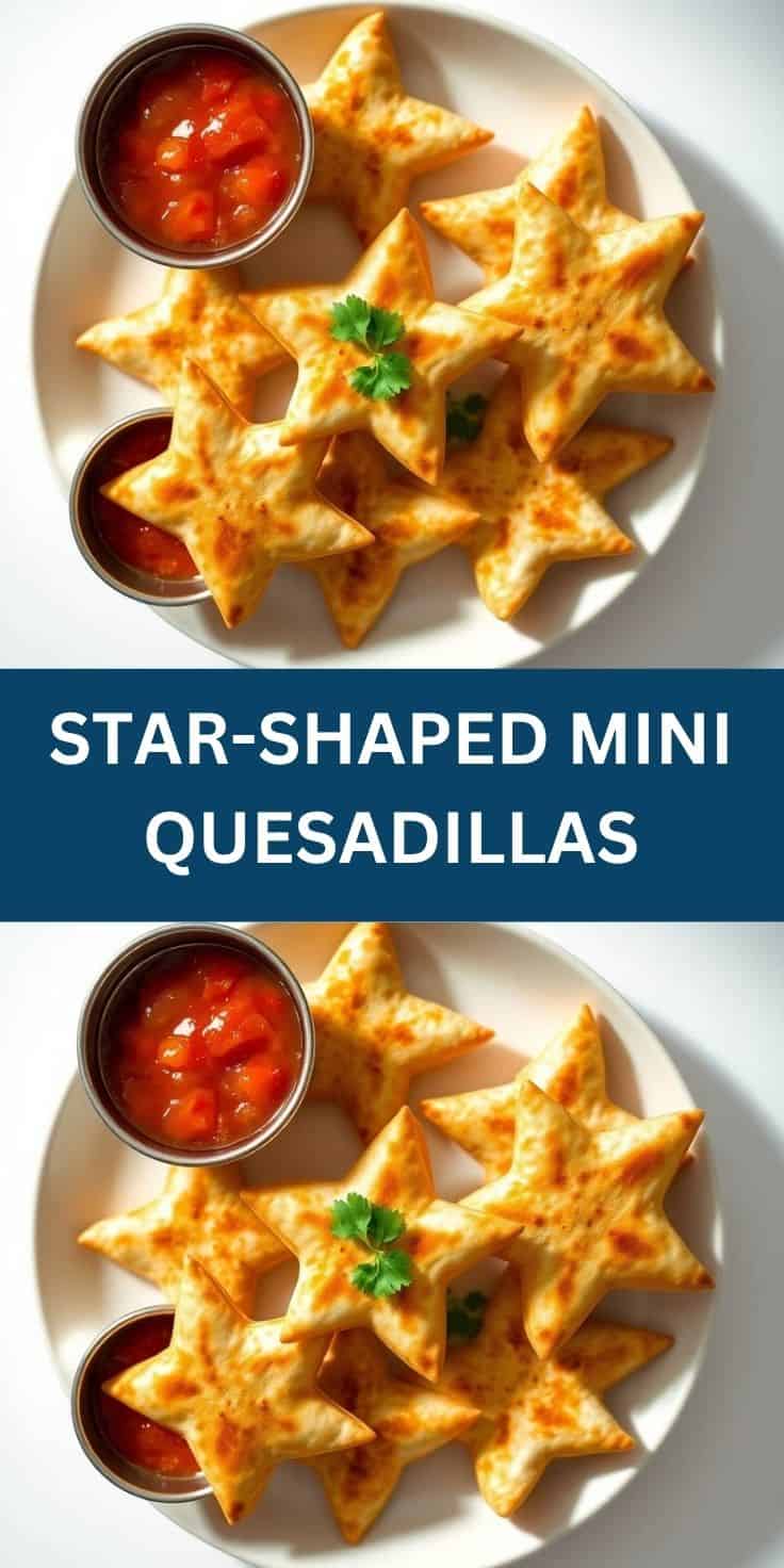 Golden star-shaped quesadillas served on white plate with red salsa and cilantro garnish.