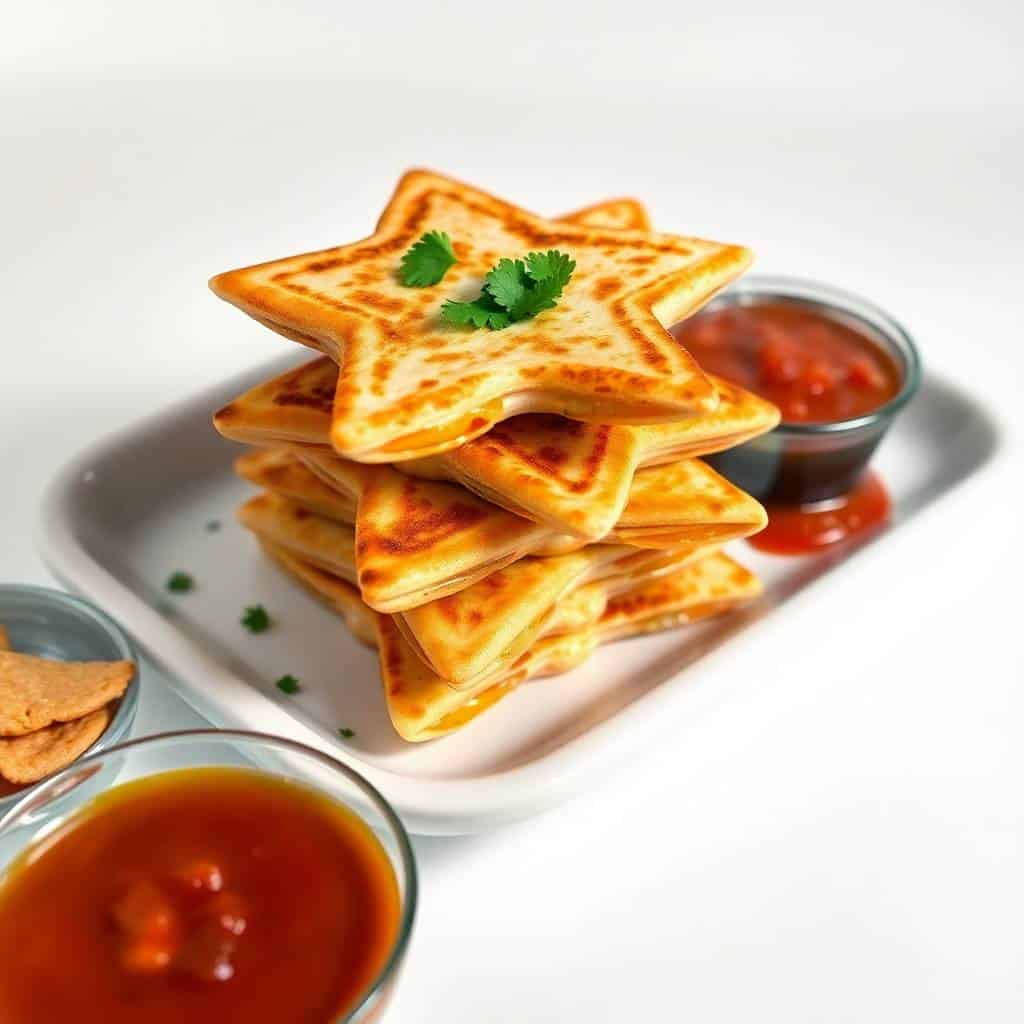 Star-shaped mini quesadillas stacked on white plate with cilantro garnish and red salsa dipping sauce.