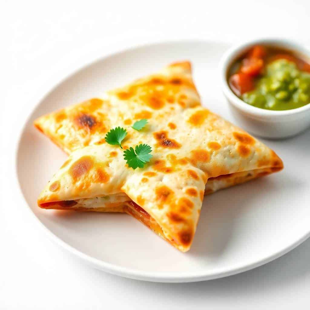 Star-shaped mini quesadillas with melted cheese and cilantro garnish served on white plate with salsa.