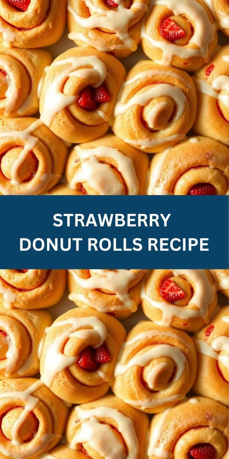 Golden-baked strawberry donut rolls with white glaze and fresh strawberry halves arranged closely together.