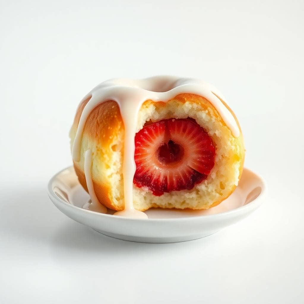Strawberry donut roll halved on white plate, revealing fresh strawberry filling and white glaze drizzle.