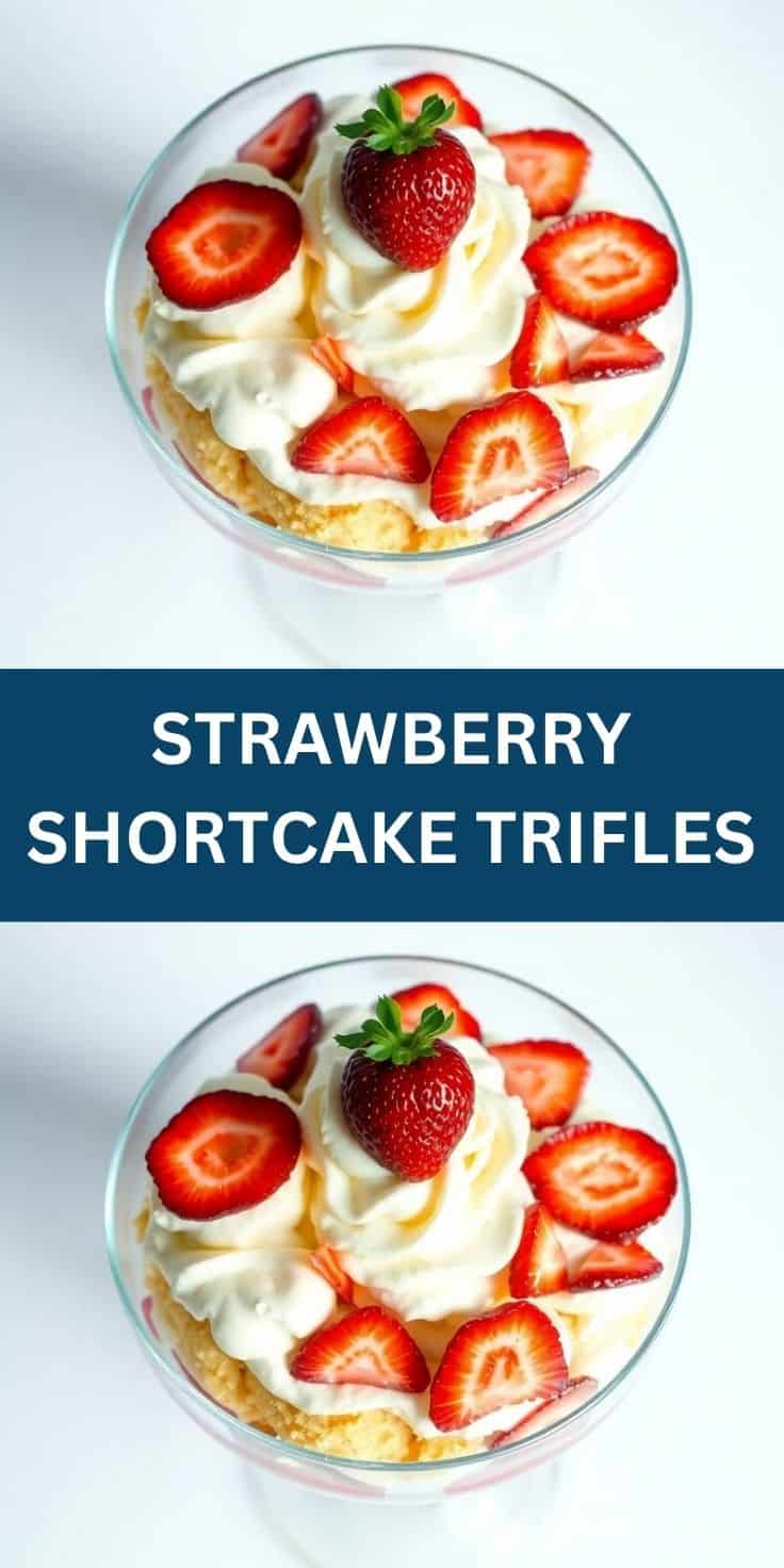 Strawberry shortcake trifles in clear glass bowls with whipped cream, sliced strawberries, and cake layers.