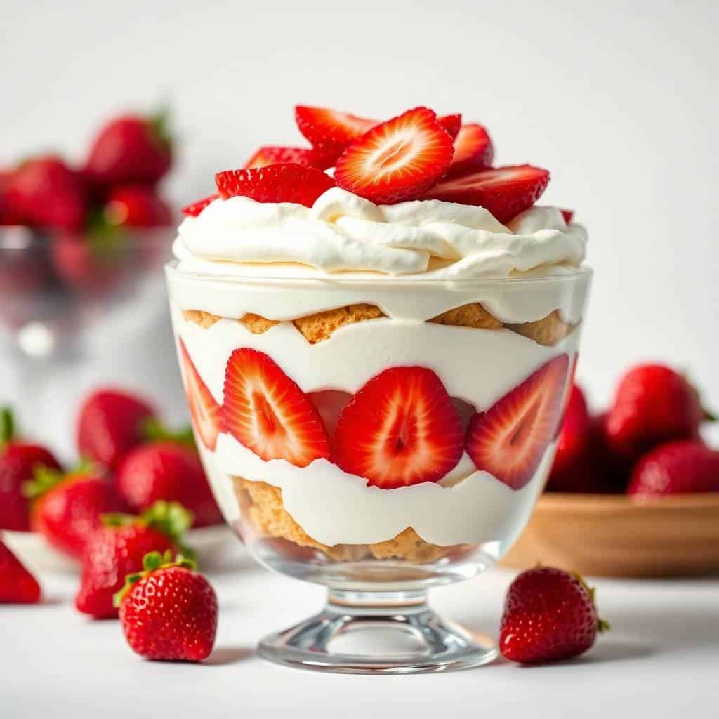 Strawberry shortcake trifle in glass cup with layered whipped cream, cake, and fresh strawberries.
