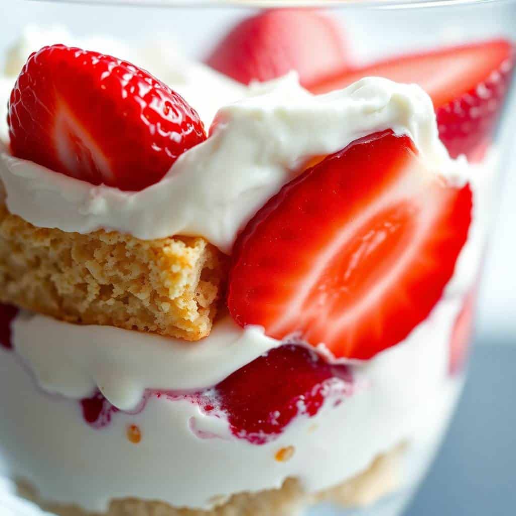 Strawberry shortcake trifle layered with sponge cake, whipped cream, and fresh strawberry slices in a glass bowl.
