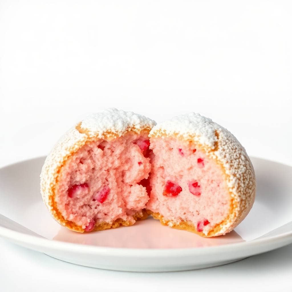 Strawberry snowball cookie broken in half on white plate, revealing pink filling with red fruit pieces and powdered sugar ...