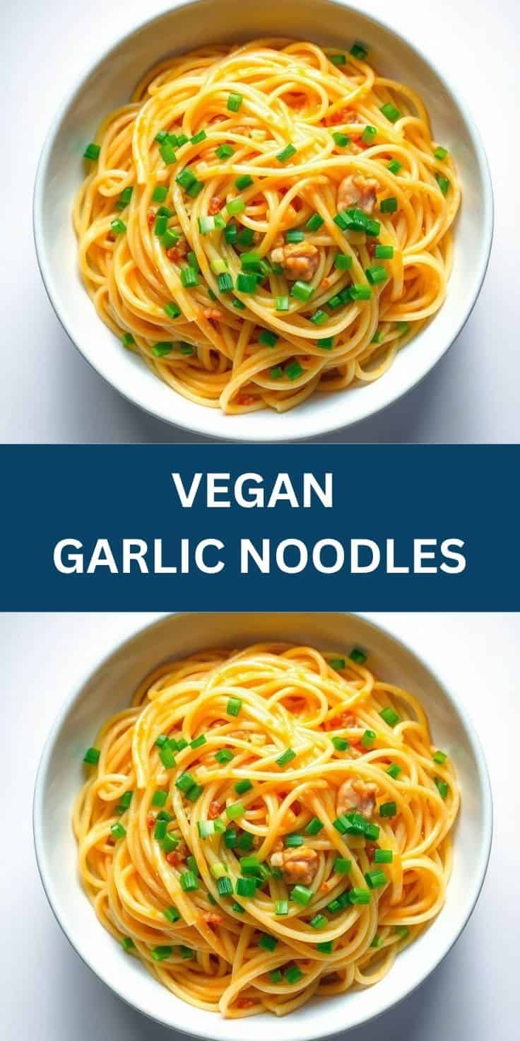 Two bowls of vegan garlic noodles with golden spaghetti, red sauce, and fresh green onion garnish.