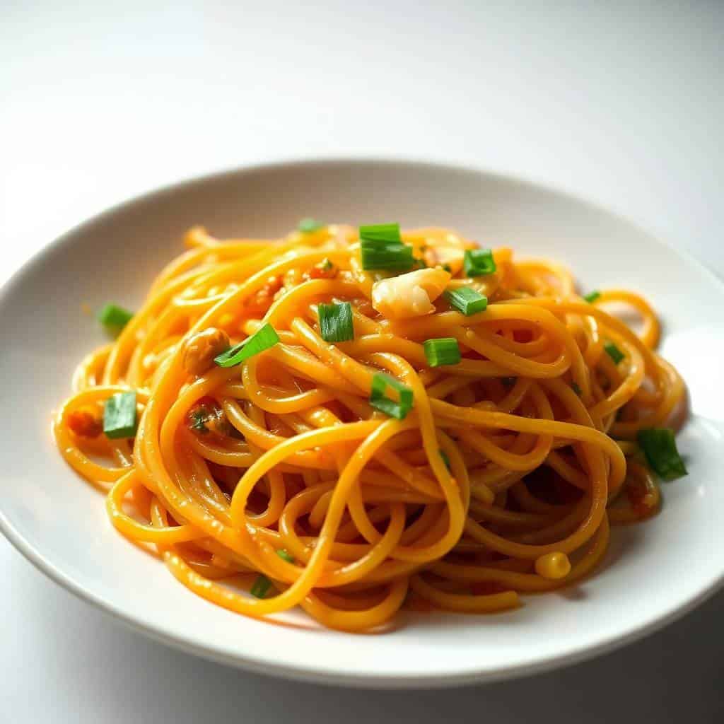 Vegan garlic noodles with golden-brown spiralized strands, garnished with green onions on white plate.