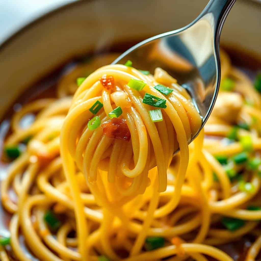 Vegan garlic noodles twirled on fork, garnished with green onions and chili, served in bowl.