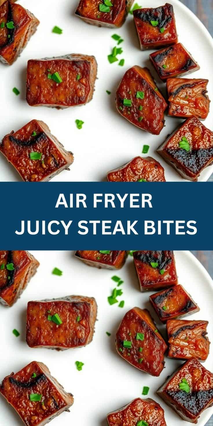Air fryer juicy steak bites with caramelized edges and green onion garnish on white plate.