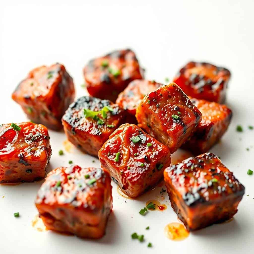 Caramelized steak bites garnished with green onions on white surface, air fryer cooked.