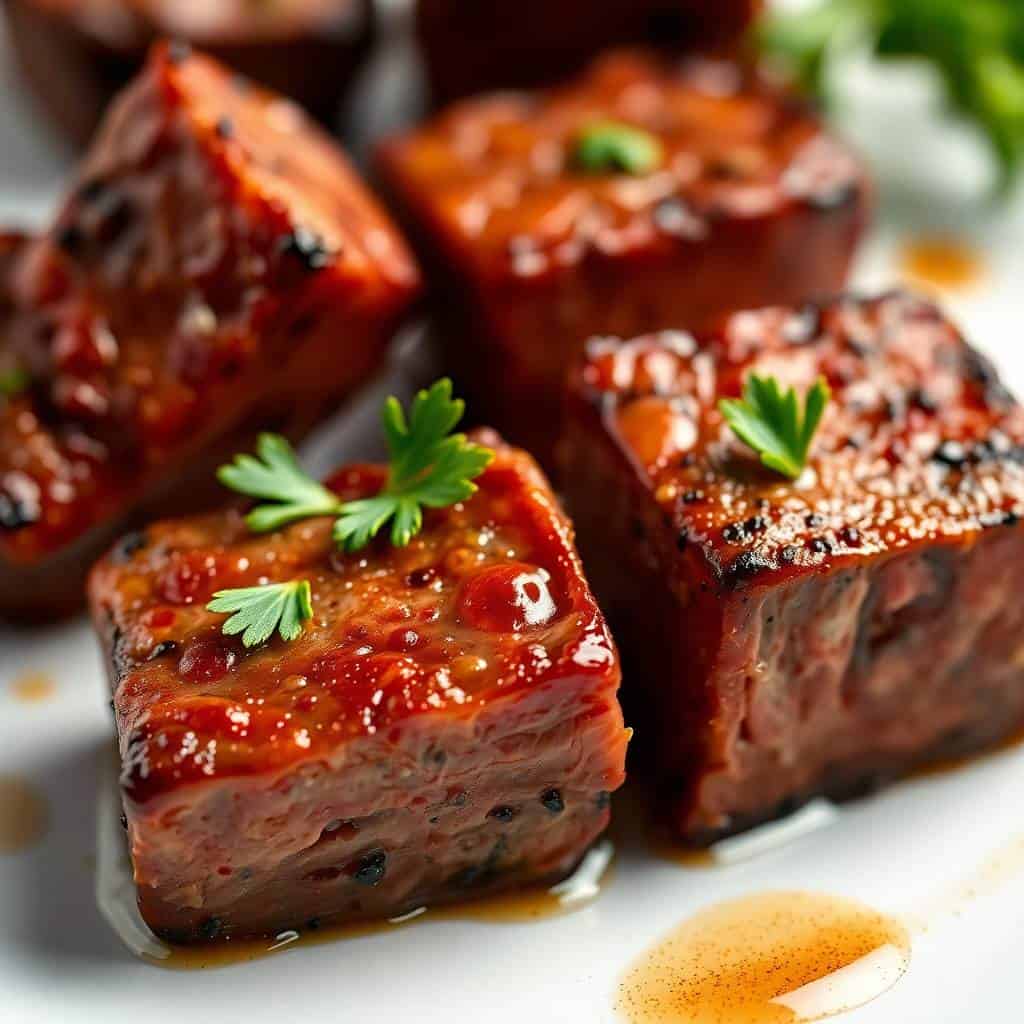 Glazed air fryer steak bites garnished with parsley, plated on white with sauce drizzle.