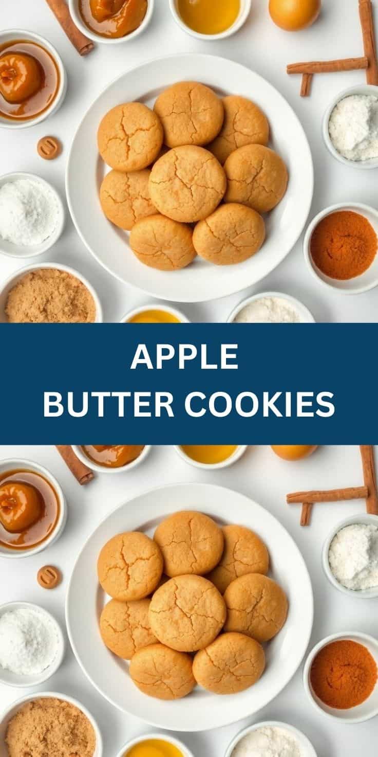Apple butter cookies arranged on white plate with cinnamon, spices, and ingredients surrounding.