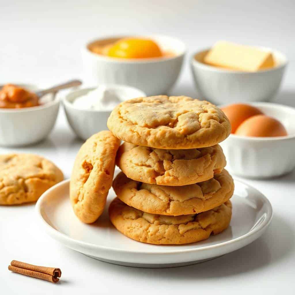 Stacked apple butter cookies on white plate with ingredients and cinnamon stick nearby.