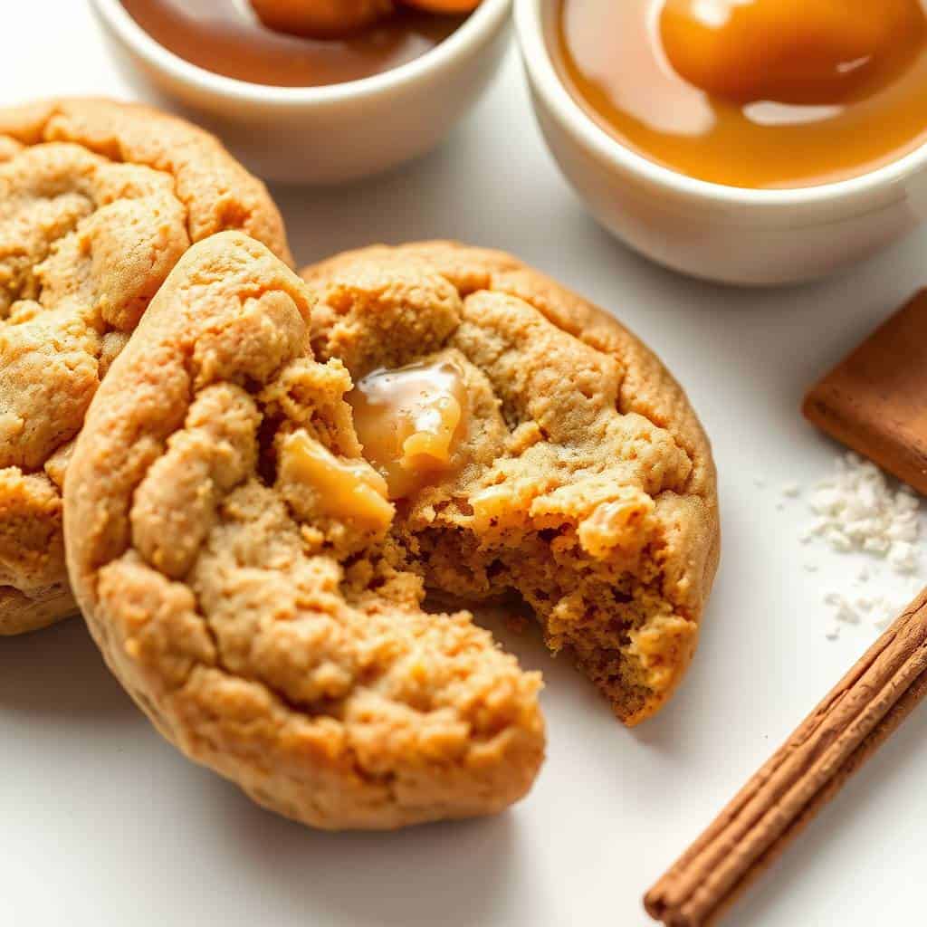 Apple butter cookies with caramel filling, cinnamon sticks, and apple butter dipping sauce on white surface.