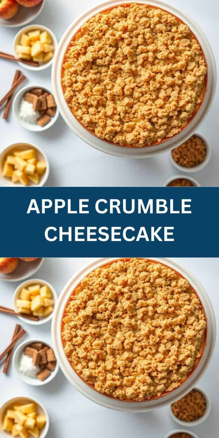 Apple crumble cheesecake with golden streusel topping in white pie dish, surrounded by ingredients.