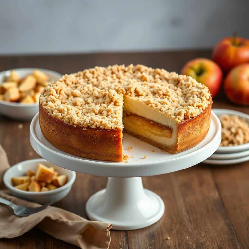 Apple crumble cheesecake on pedestal plate with slice removed, showing layers and crumb topping.