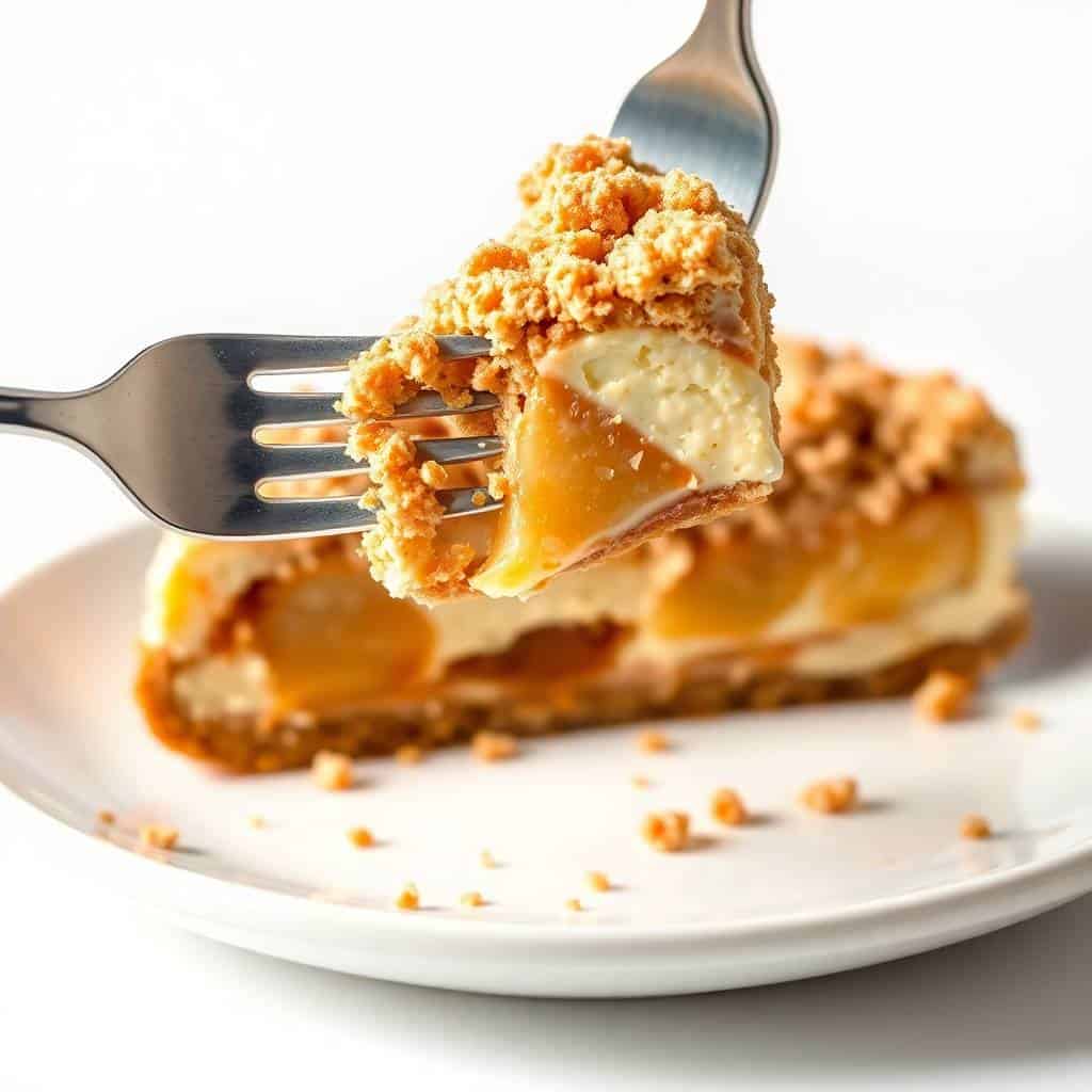 Fork lifting slice of apple crumble cheesecake with golden topping and caramel filling on white plate.