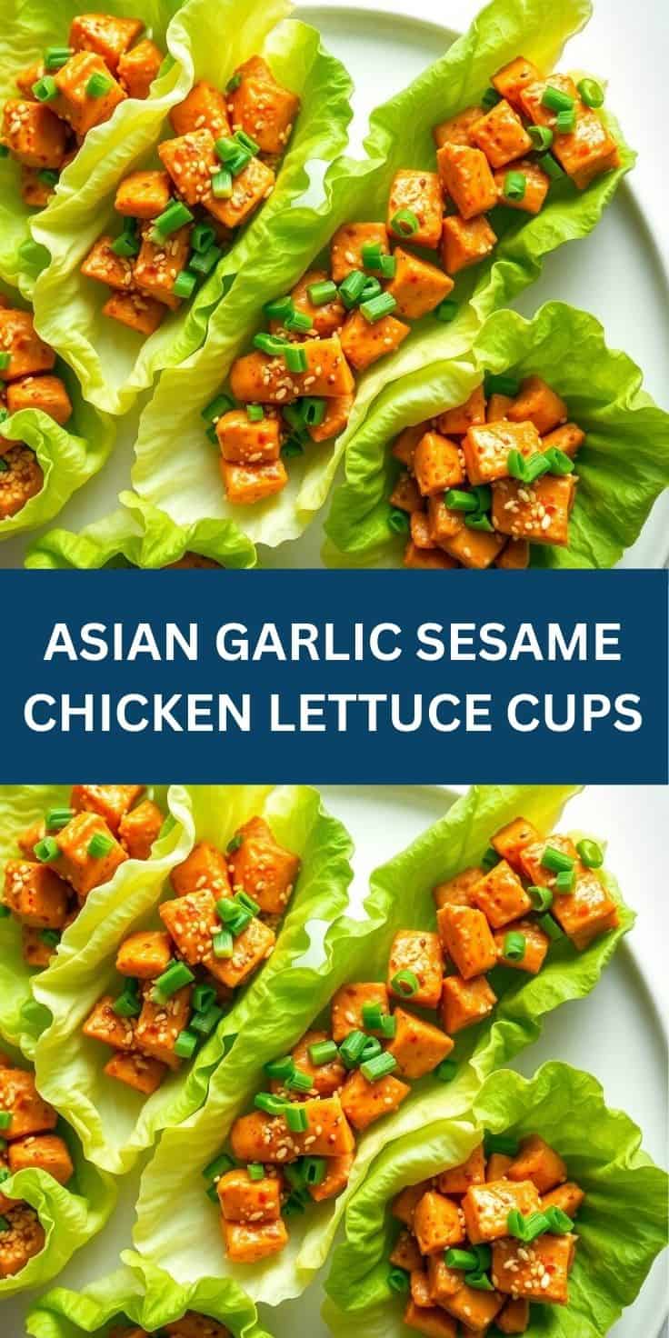 Asian Garlic Sesame Chicken Lettuce Cups with diced orange chicken, sesame seeds, and green onion garnish on crisp lettuce...