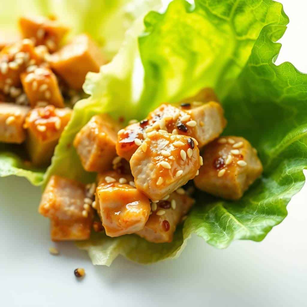 Asian garlic sesame chicken lettuce cups with glazed chicken cubes and sesame seeds on crisp green lettuce.