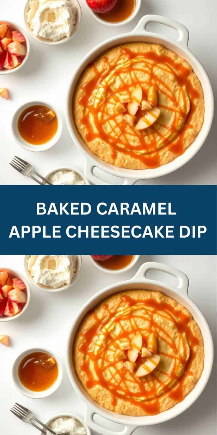 Baked caramel apple cheesecake dip in white dish with apple slices and caramel drizzle.