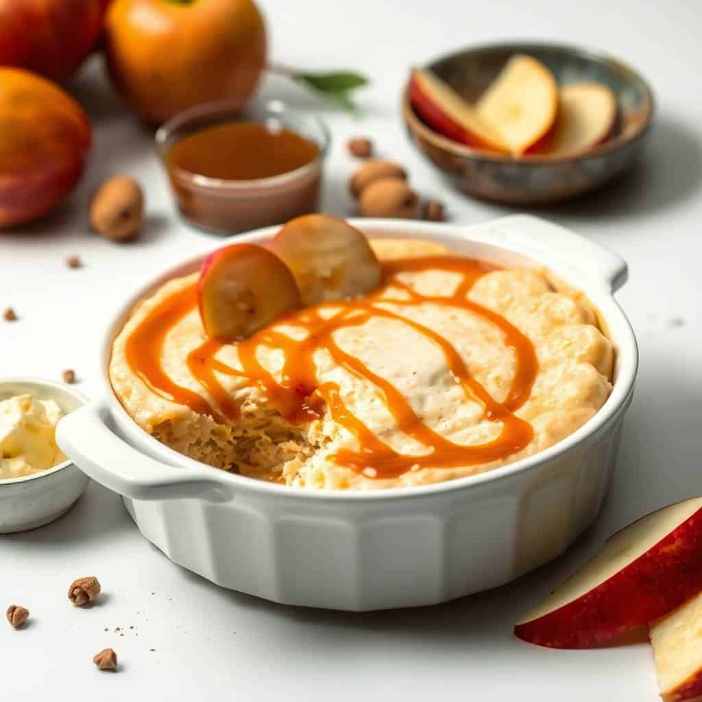 Baked caramel apple cheesecake dip in white dish, garnished with apple slices and caramel drizzle.