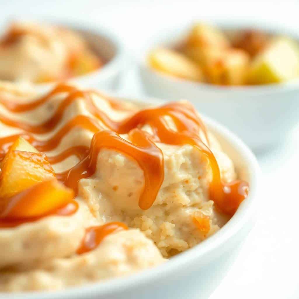 Baked caramel apple cheesecake dip with caramel drizzle and diced apples in white bowls.
