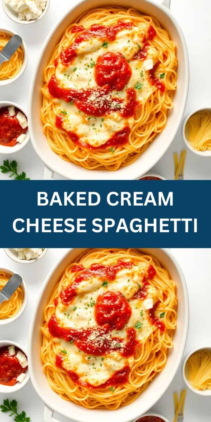 Baked cream cheese spaghetti in white dish with melted cheese, tomato sauce, and fresh herbs garnish.