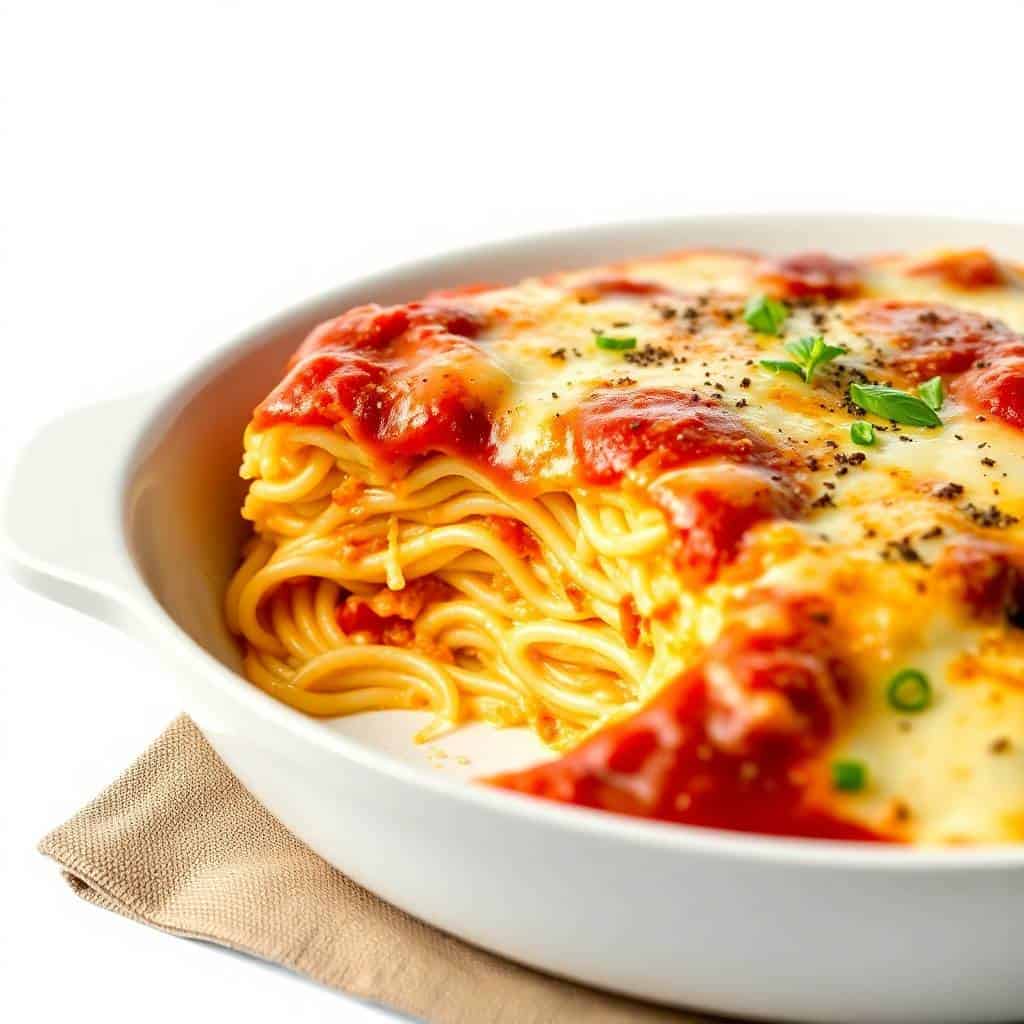 Baked cream cheese spaghetti in white bowl, topped with melted cheese, tomato sauce, black pepper, and fresh green onions.