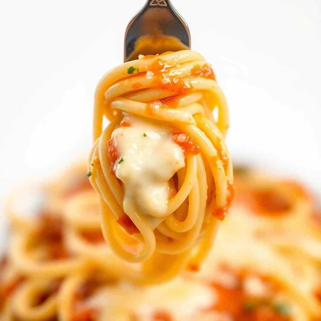 Baked cream cheese spaghetti twirled on fork with melted cheese and red sauce, beer bottle behind.