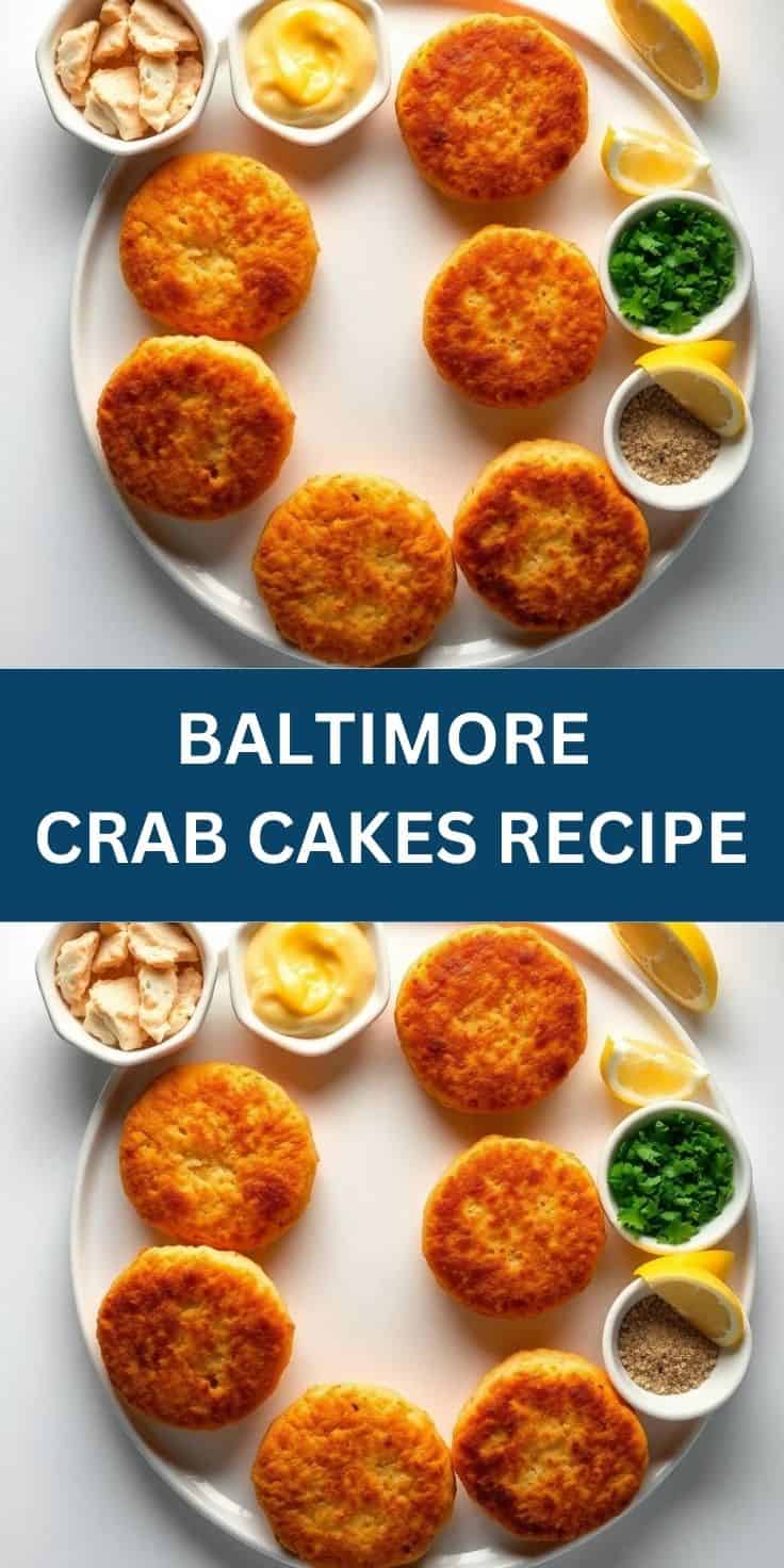 Golden-brown Baltimore crab cakes arranged on white plate with lemon, mayonnaise, and seasoning condiments.