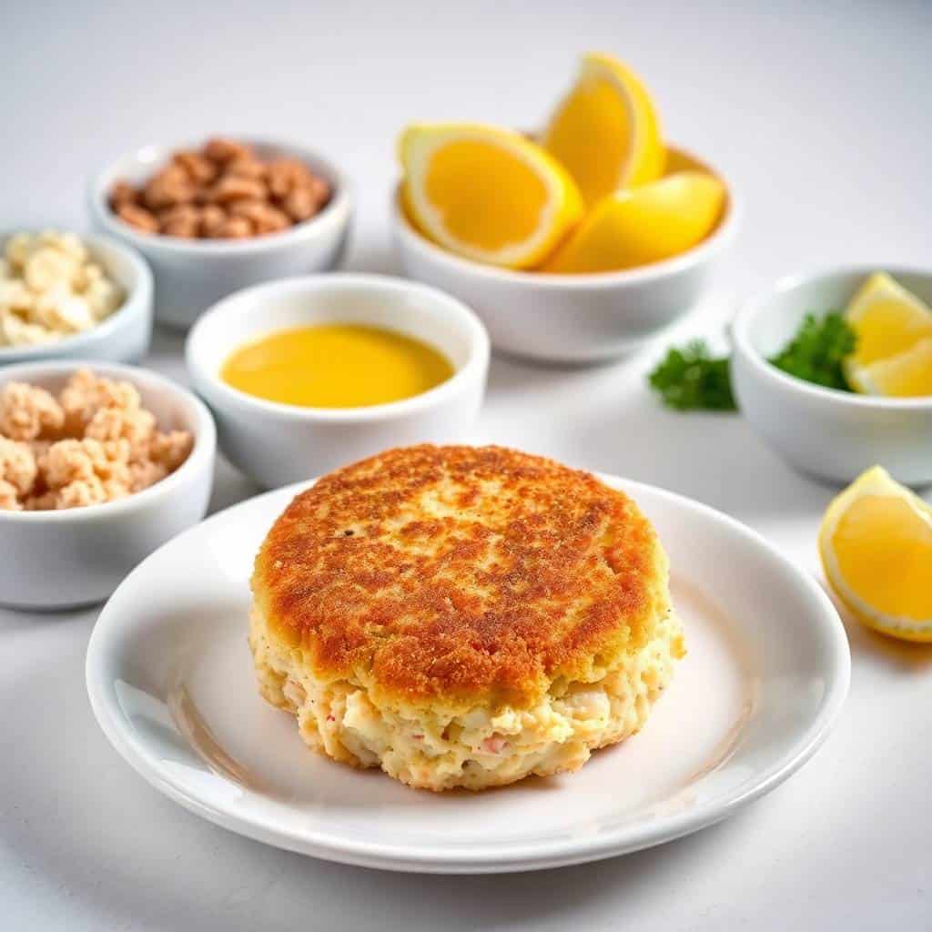 Golden-brown crab cake on white plate surrounded by lemon wedges, nuts, and olive oil.