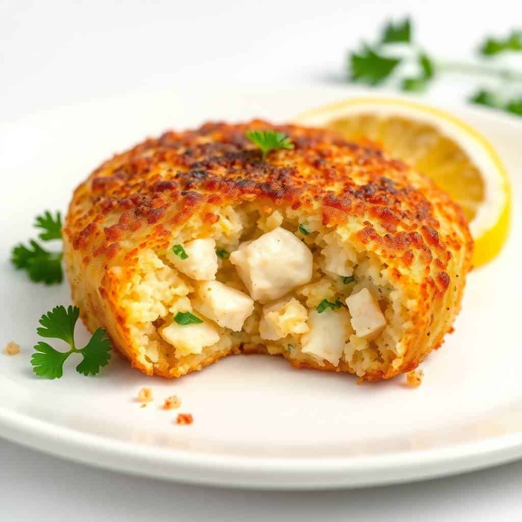 Golden-brown Baltimore crab cake with visible lump crab meat, garnished with parsley and lemon wedge on white plate.