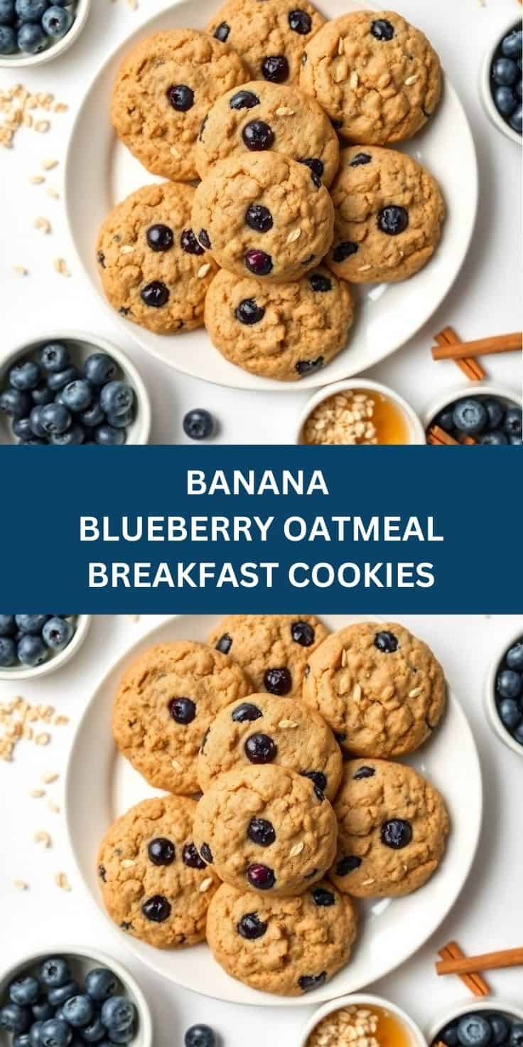 Golden banana blueberry oatmeal cookies arranged on white plate with fresh berries and cinnamon sticks.
