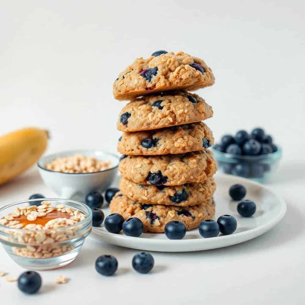 Stacked banana blueberry oatmeal cookies on white plate with fresh blueberries and oats.