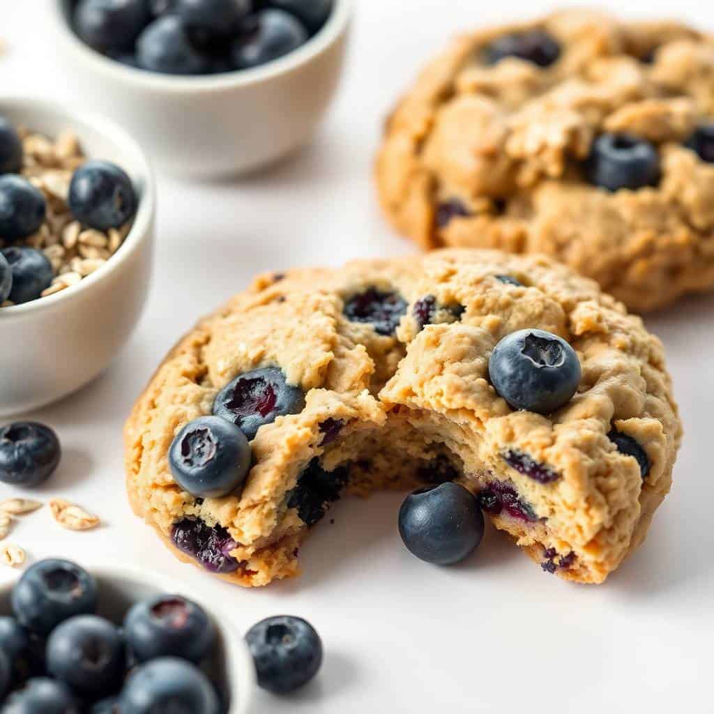 Banana blueberry oatmeal breakfast cookies broken in half, studded with blueberries, served with bowls of berries and gran...