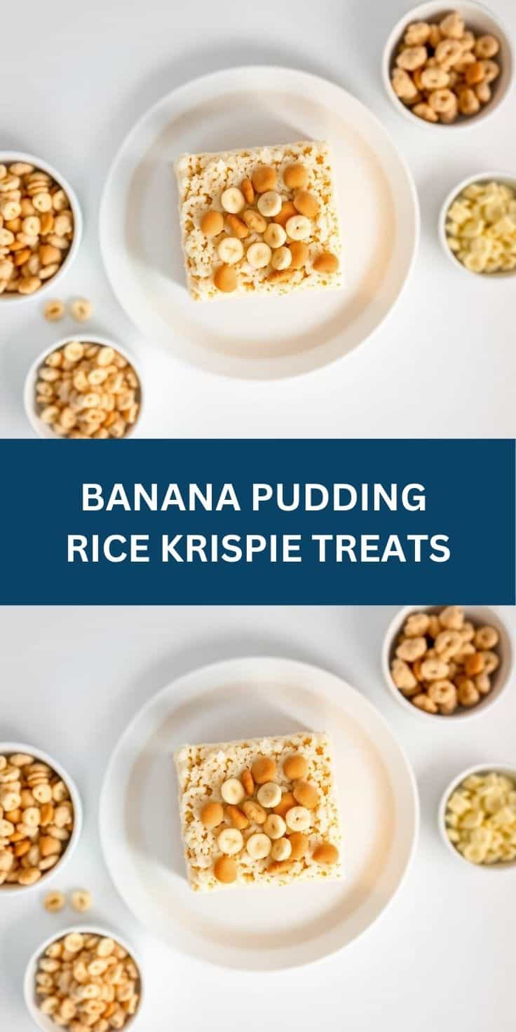 Banana pudding rice krispie treats topped with cereal, surrounded by ingredient bowls on white surface.