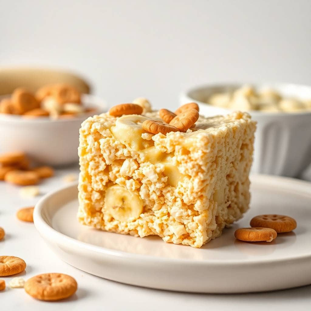 Banana pudding rice krispie treat slice on white plate, topped with banana slices and crushed cookies.
