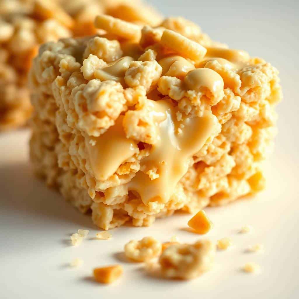 Banana pudding rice krispie treats stacked together, golden-brown with creamy filling and crumbles.