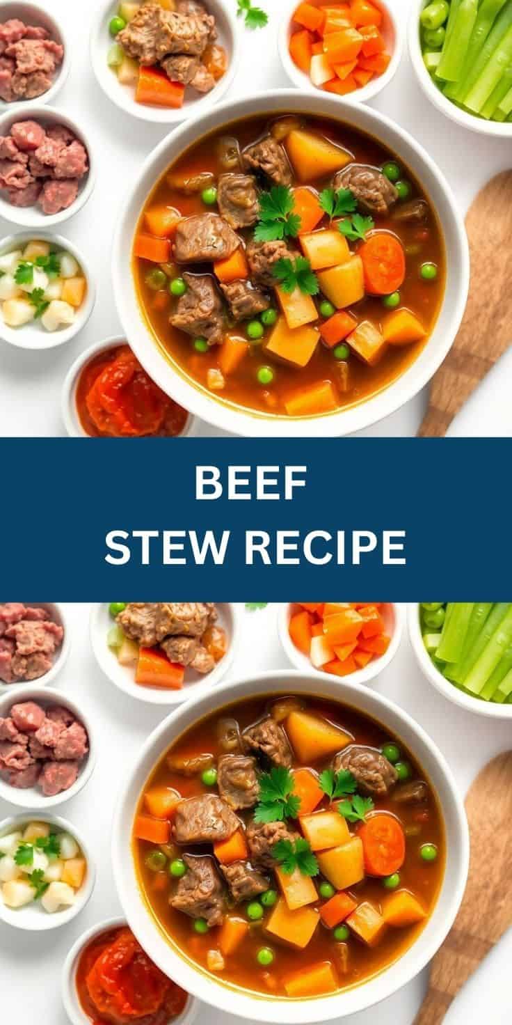 Beef stew in white bowl with potatoes, carrots, peas, and fresh parsley garnish surrounded by ingredient bowls.