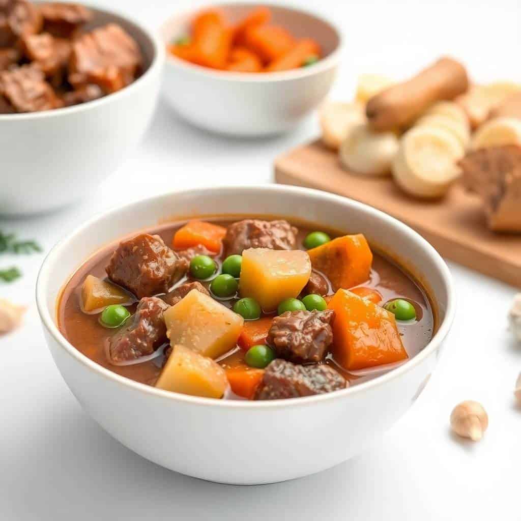 Beef stew with tender meat, potatoes, carrots, and peas in rich brown broth, served in white bowl.
