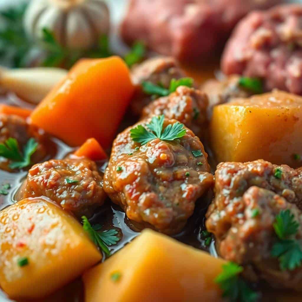 Beef stew with tender meat, potatoes, carrots, and fresh parsley garnish in rich brown gravy.